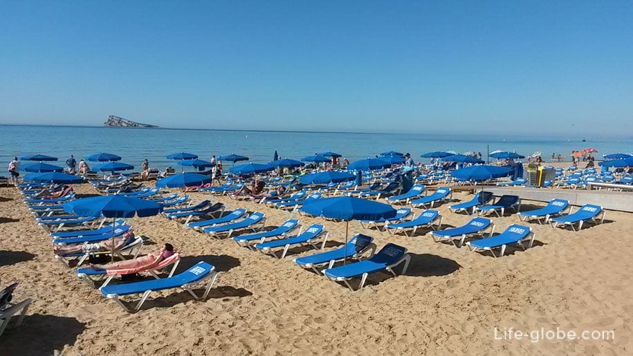 Шезлонги и зонты от солнца на пляже Леванте, Бенидорм, Испания