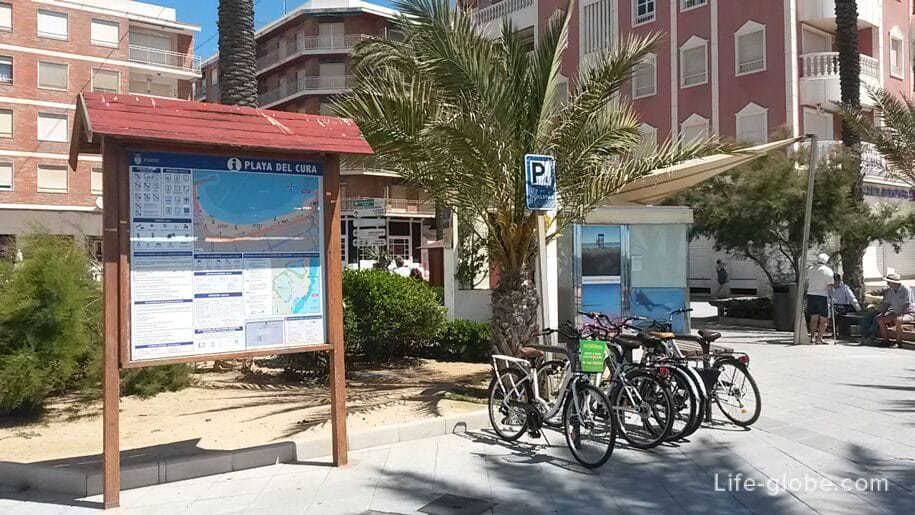 Bicycle parking on the promenade of Del Cura beach, Torrevieja