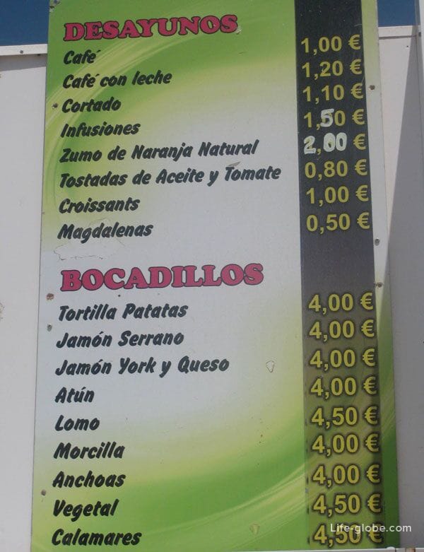Prices in a cafe on La Mata beach