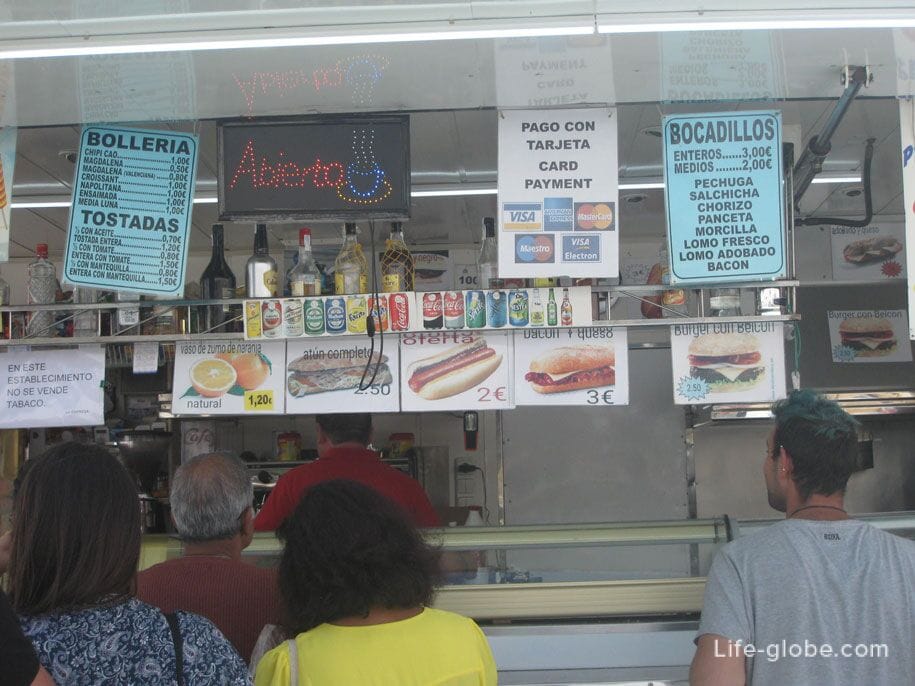 Еда и напитки на рынке в Торревьехе, цены