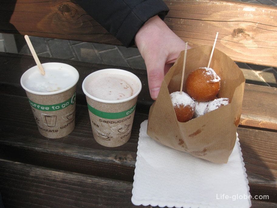 street food in Jurmala, cottage cheese balls and cappuccino