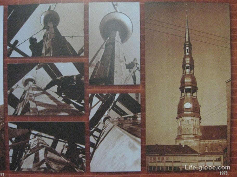 the process of restoring the tower of St. Peter's Cathedral in Riga, 1973